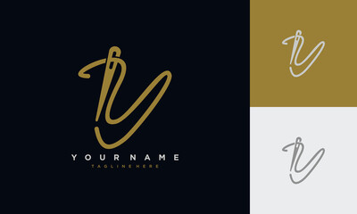 Initial letter y sewing logo formed from thread and needle with gold colour