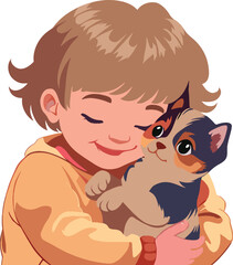 Little girl hugging her cat-