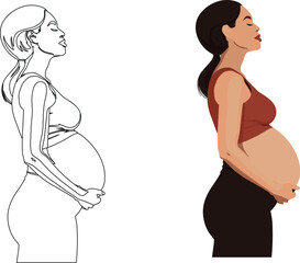 Artistic illustration of a side view of a pregnant woman cradling her belly-