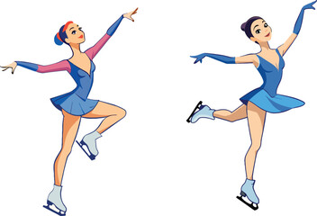 Illustration of three female figure skaters performing elegant ice skating moves-