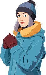 Illustration of a blonde woman dressed warmly in a coat and beanie-