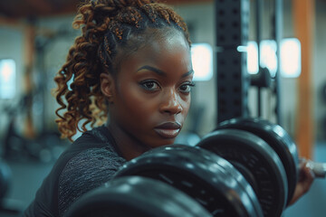 Black African American woman in sportwear doing sport exercises at gym fitness with sweaty face....