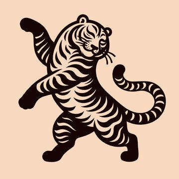 recommend clip art: Cute Dancing Tiger. vintage black engraving illustration, emblem, icon