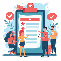 Customer Feedback Survey - Man with Clipboard and Smartphone Collecting Online and Offline Reviews, Ratings and Opinions to Improve Service Quality and User Satisfaction - obrazy, fototapety, plakaty