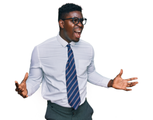 Handsome business black man wearing white shirt and tie crazy and mad shouting and yelling with aggressive expression and arms raised. frustration concept.
