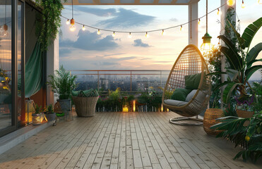 Modern terrace with a white wooden floor, green hanging chair and string lights overlooking a city...