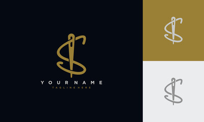 Initial letter s sewing logo formed from thread and needle with gold colour