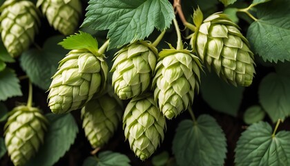 Common hop cones with leaves