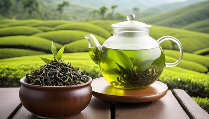 green tea in a glass pot tea plantation background - obrazy, fototapety, plakaty