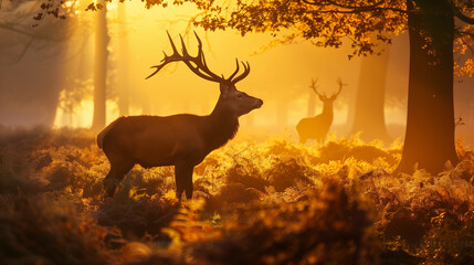 Majestic deer in a misty forest at dawn, soft golden light filtering through the trees