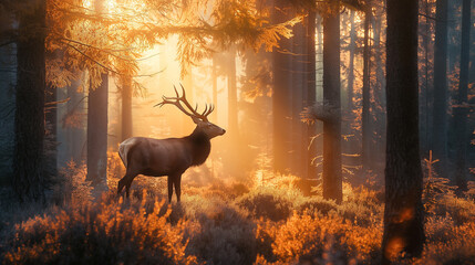Majestic deer in a misty forest at dawn, soft golden light filtering through the trees