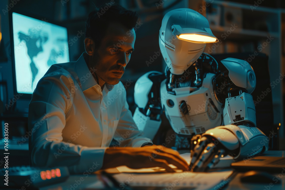 Poster scientist collaborating with advanced humanoid robot