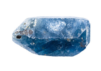close up of sample of natural stone from geological collection - raw blue sapphire crystal isolated...
