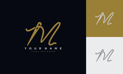 Initial letter m sewing logo formed from thread and needle with gold colour