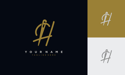 Initial letter h sewing logo formed from thread and needle with gold colour