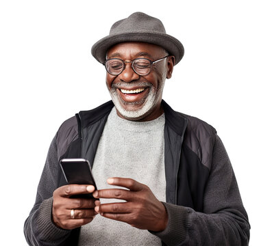 Happy African American middle-aged man using cell phone, cut out