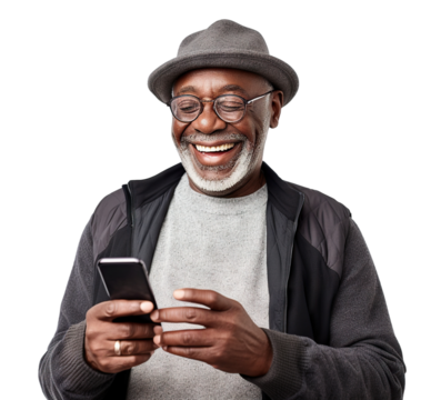Happy African American middle-aged man using cell phone, cut out