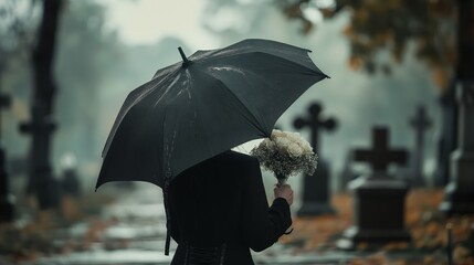 Portrait of a sad crying woman in black at a funeral ceremony, back view, rainy weather, black lonely umbrella.