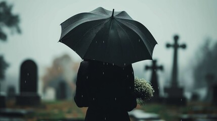 Portrait of a sad crying woman in black at a funeral ceremony, back view, rainy weather, black lonely umbrella.