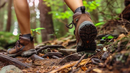 Foto auf Alu-Dibond Closeup of hiker's legs hiking in nature summer forest trail, with copy space. © Jasper W