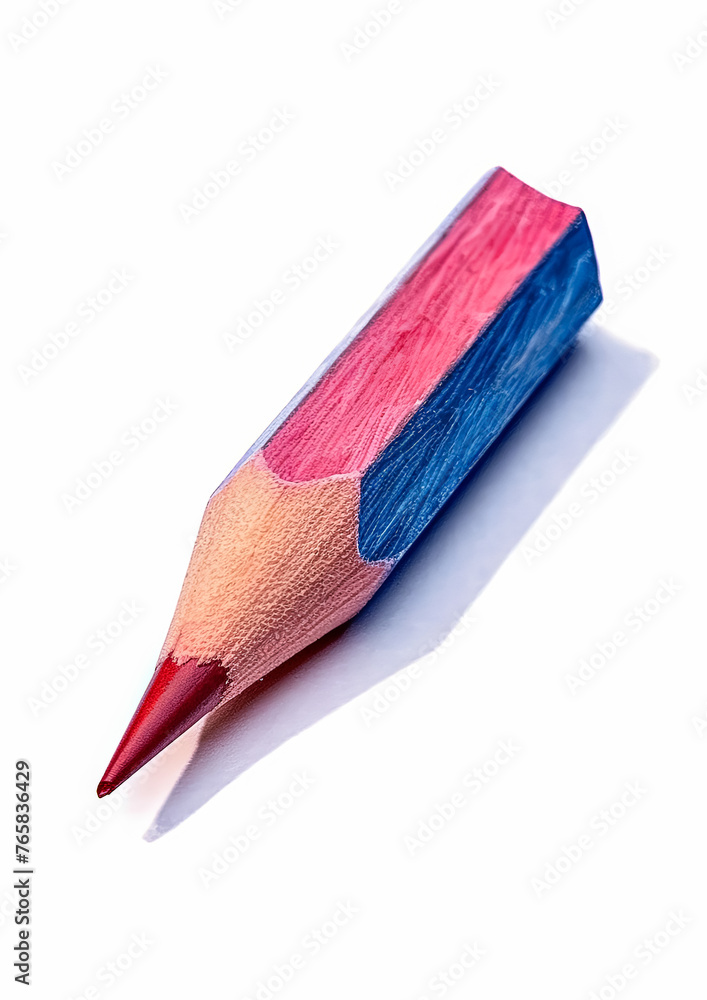 Poster a pencil with a red tip and blue and white stripes. the pencil is sharpened and has a pointed tip