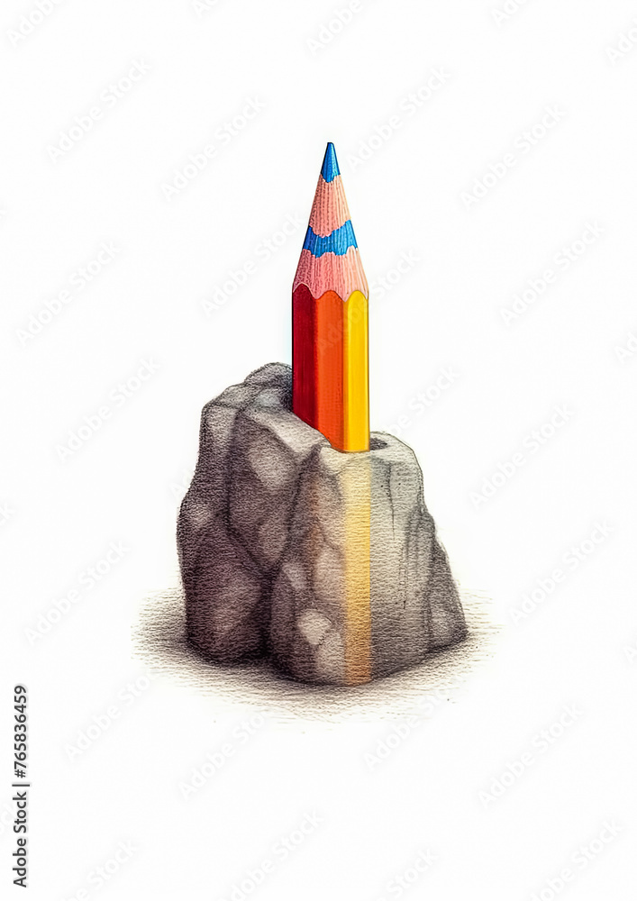 Poster a pencil with a red tip and blue and white stripes. the pencil is sharpened and has a pointed tip