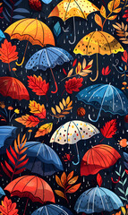 Artistic pattern of orange umbrellas and leaves on dark textile background