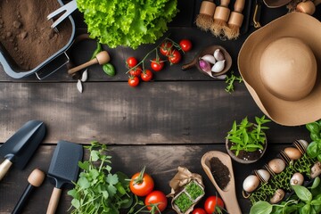 Top view of ripe tomatoes with vibrant basil plants and gardening tools on dark textured background, emphasizing fresh homegrown produce. Fresh tomatoes and basil with gardening tools on surface