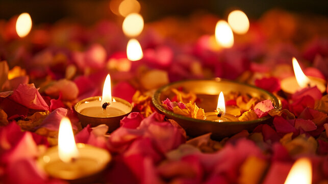golden diya candles gleaming amongst flower petals