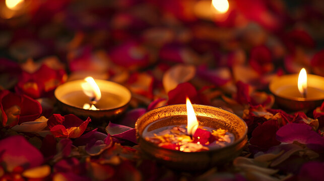golden diya candles gleaming amongst flower petals