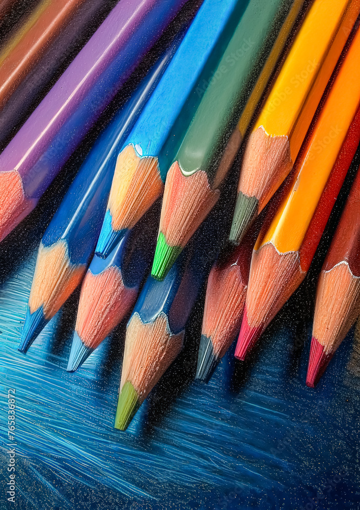 Poster a row of colored pencils with green tips. the pencils are of different colors and sizes. concept of 