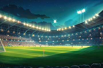 Dramatic soccer stadium with bleachers full of people. Grass, lights stadium, and all other elements