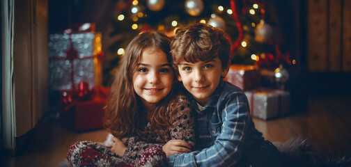 Obraz na płótnie Canvas two kids, children, boy and girl cuddling, love between siblings on christmas with christmas presents and christmas tree in evening in the living room