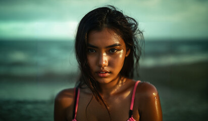 rainy cloudy day in the everyday life of an indonesian attractive slender woman ,young adult woman girl, tanned dark skin tone, dark long black hair, wears bikini, fictional location - obrazy, fototapety, plakaty