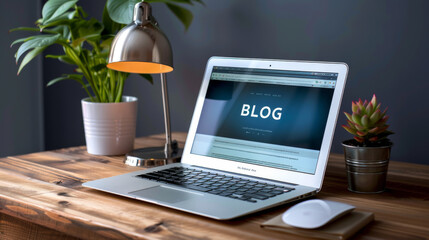 A laptop open on a blog page, surrounded by a desk lamp and houseplants, creating a cozy workspace atmosphere.
