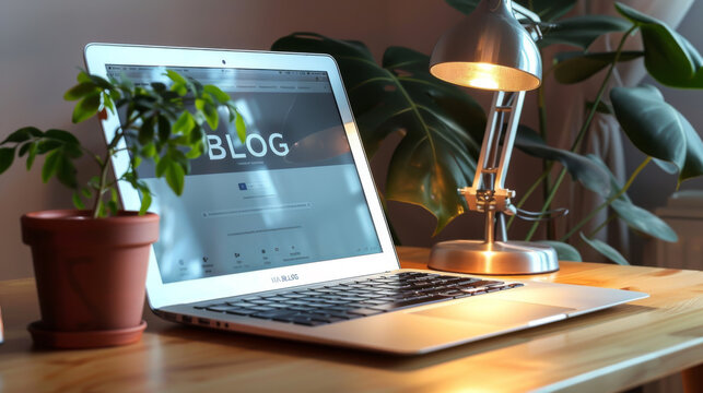 A laptop open on a blog page, surrounded by a desk lamp and houseplants, creating a cozy workspace atmosphere.