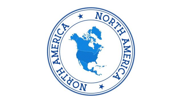 North America intro. Badge with the circular name and map of continent. North America round logo animation.
