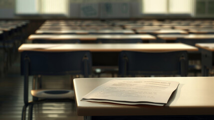 Stacks of papers rest on the polished surface of a desk in a sunlit, serene classroom.