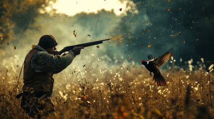 Man shooting bird with rifle - obrazy, fototapety, plakaty