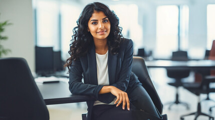 young confident woman of Indian or Arab ethnicity sits on black office chair, career amd everyday life at job, good mood smile - obrazy, fototapety, plakaty