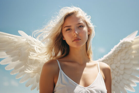 young adult woman, caucasian, blonde young girl, an angel, angel wings
