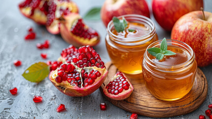 Apple, honey and pomegranate, traditional food of the Jewish New Year holiday Rosh Hashanah, rustic background. Generative ai