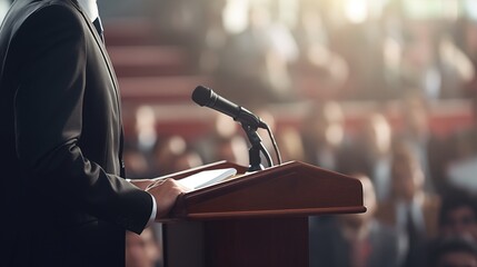 The presenter stands at the podium, speaking confidently and addressing the audience, delivering a compelling message with charisma and clarity.