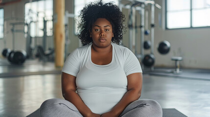 Black woman fat body positive beauty, wearing a white T-shirt and grey yoga pants, sitting in the gym. Generative ai. - obrazy, fototapety, plakaty