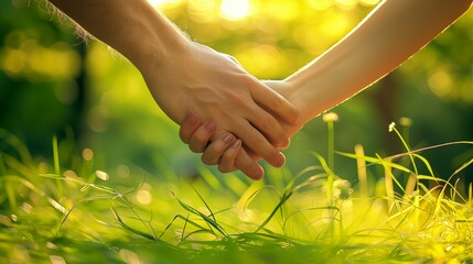 Walking in a lush garden, hands intertwined sharing moments of intimacy, feeling connected to nature and each other, experiencing tranquility and love.