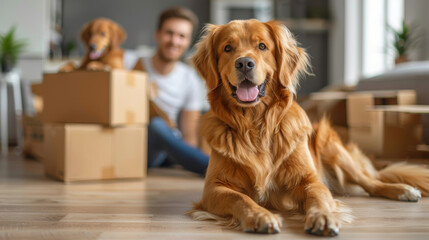 Plakaty  Family with pets moving to new home. Stack of cardboard boxes and dog sitting near cardboard box. Relocation, renovation, delivery service, donation concept. Generative ai