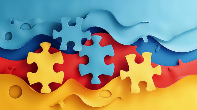 World Autism Awareness Day month concept. Paper background of puzzles in red, blue, yellow colors. Creative design for April 2. Symbol of awareness for autism spectrum disorder. Generative ai