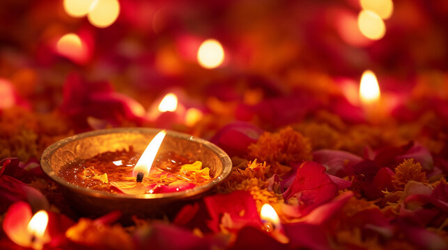 golden diya candles gleaming amongst flower petals