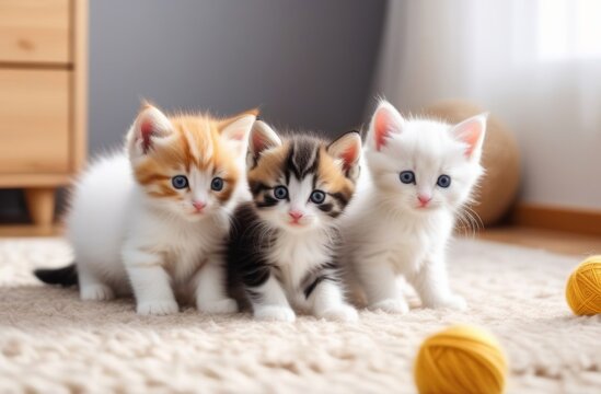 A small cats lying on the floor and looking at camera. Cute cats indoors on blur living room background.