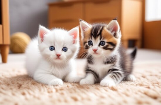 A small cats lying on the floor and looking at camera. Cute cats indoors on blur living room background.